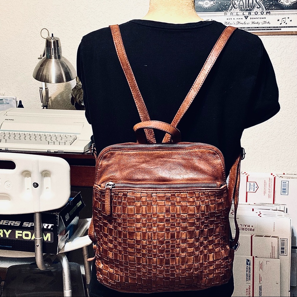Genuine Brown Woven Leather Backpack - Women